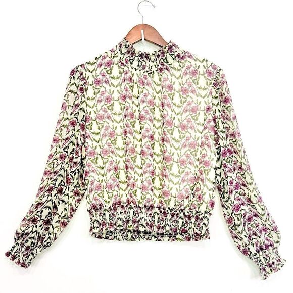 Lost + Wander White Purple Floral Smocked Semi Sheer Lined Popover Blouse - Picture 1 of 16